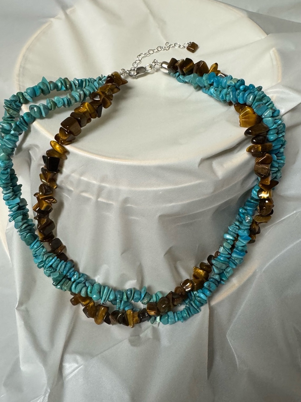 Turquoise and tiger eye 3 strand Brown Gemstone Chip Necklace - Unbranded